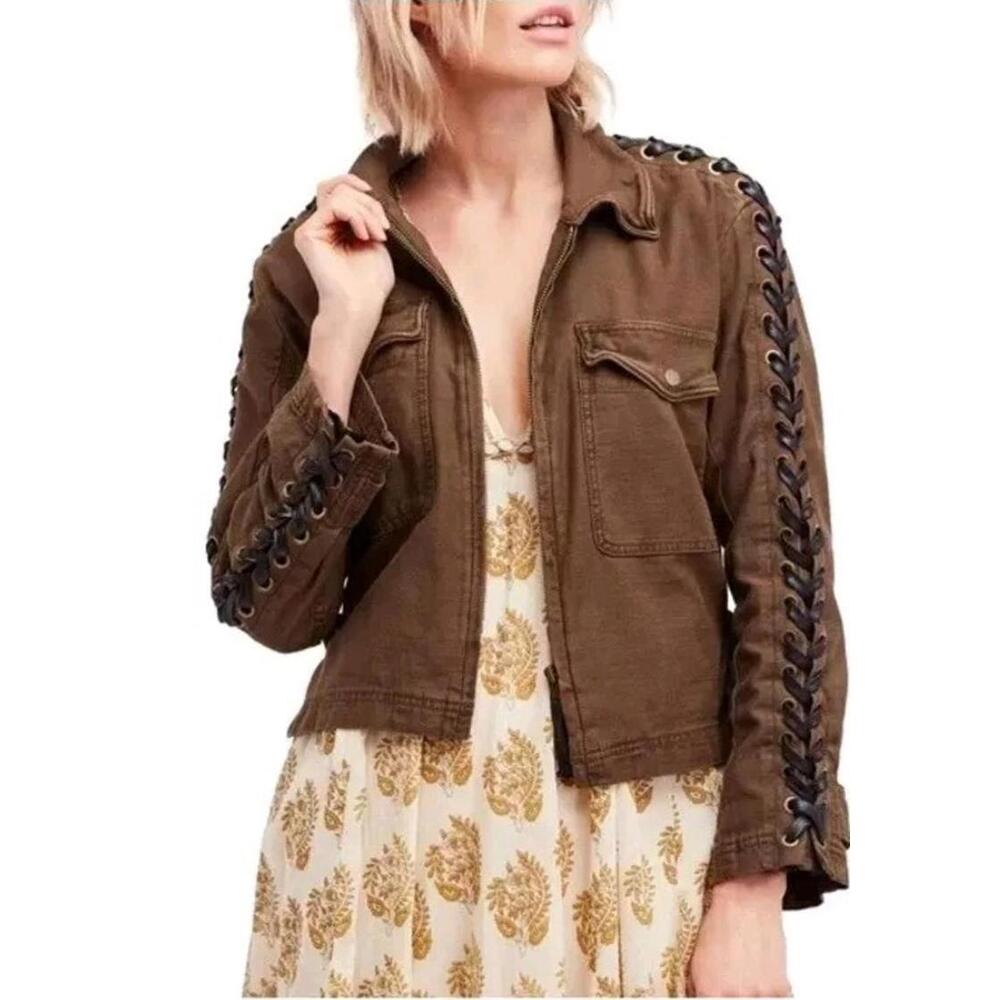 Free People Green M Faye Military Army Cargo Pocket Jacket Lace Up Sleeves # R1